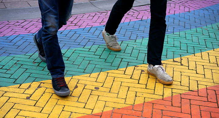 People Walking on Rainbow-Colored Brick Road